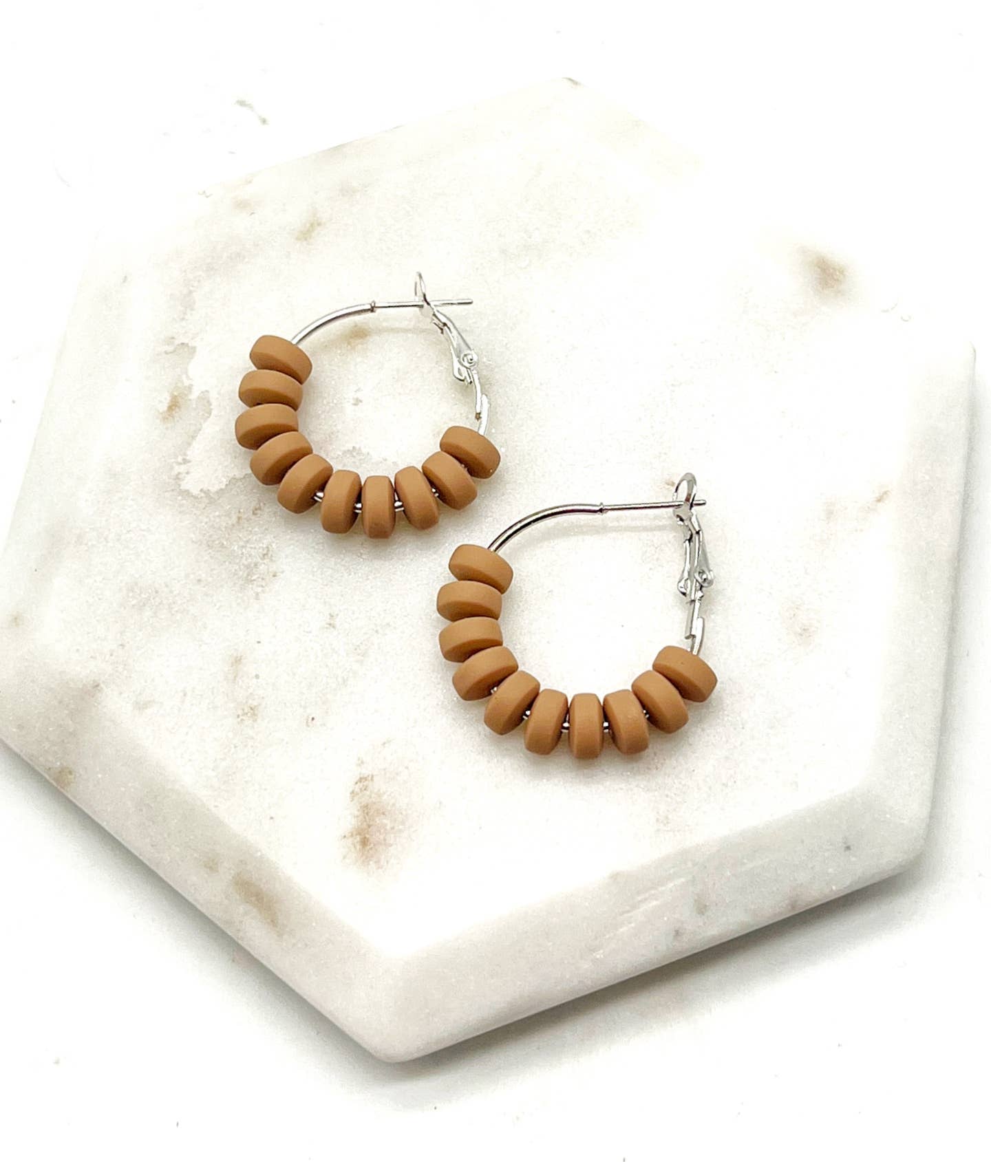 Brown Tan Clay Beaded Statement Hoop Earrings