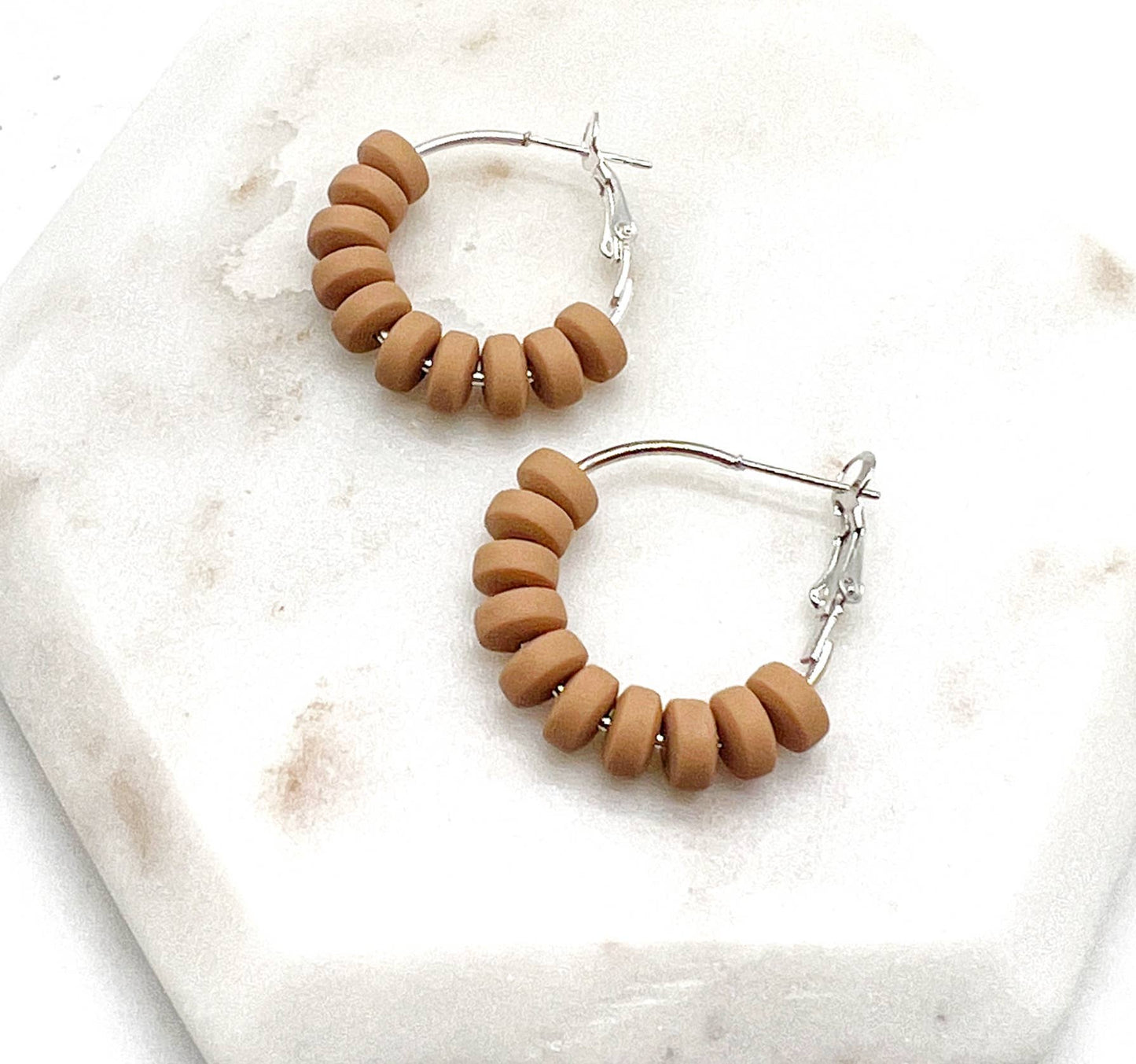 Brown Tan Clay Beaded Statement Hoop Earrings