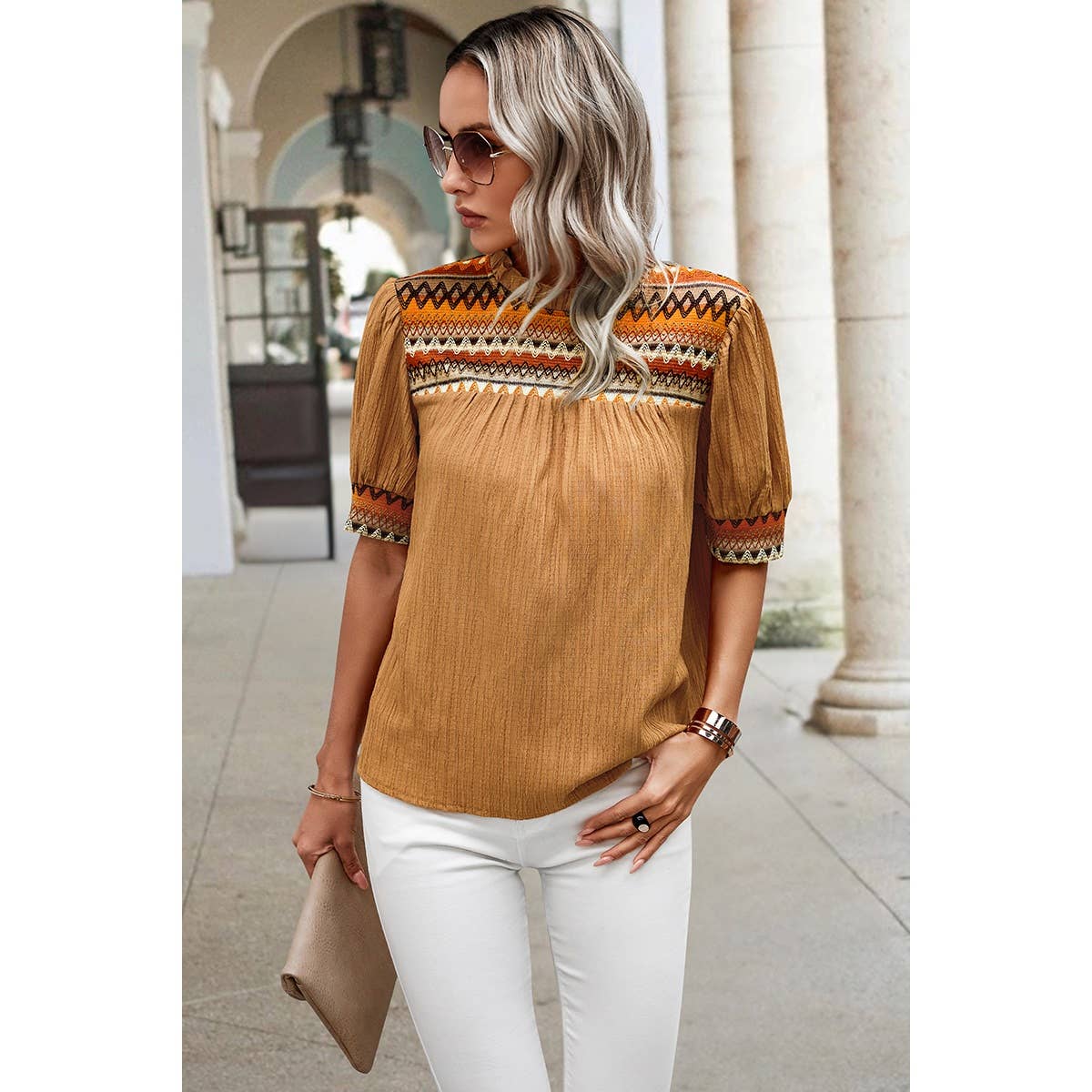 Stripe Ruched Color Block Puff Sleeves Top