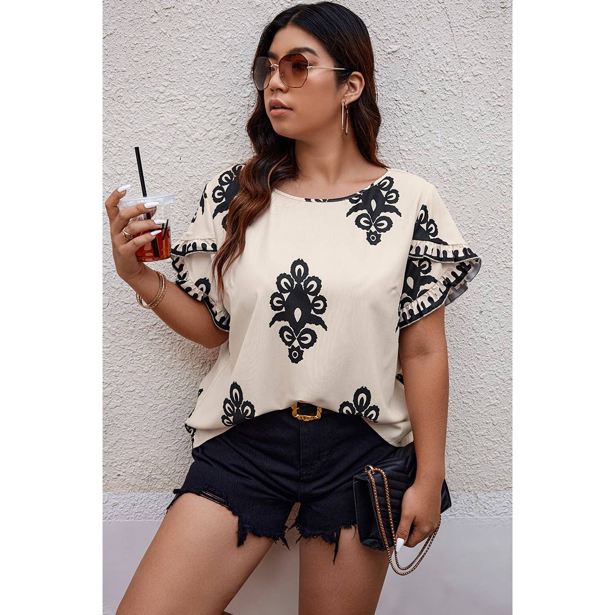 Plus Printed Ruffle Hem Wide Round Neck Blouse: BEIGE