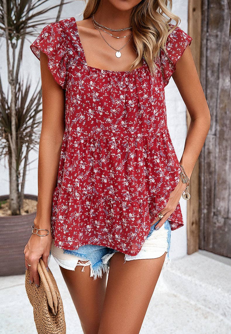 Puff Short-Sleeved Square Neck Ruffled Shirt Top: Red