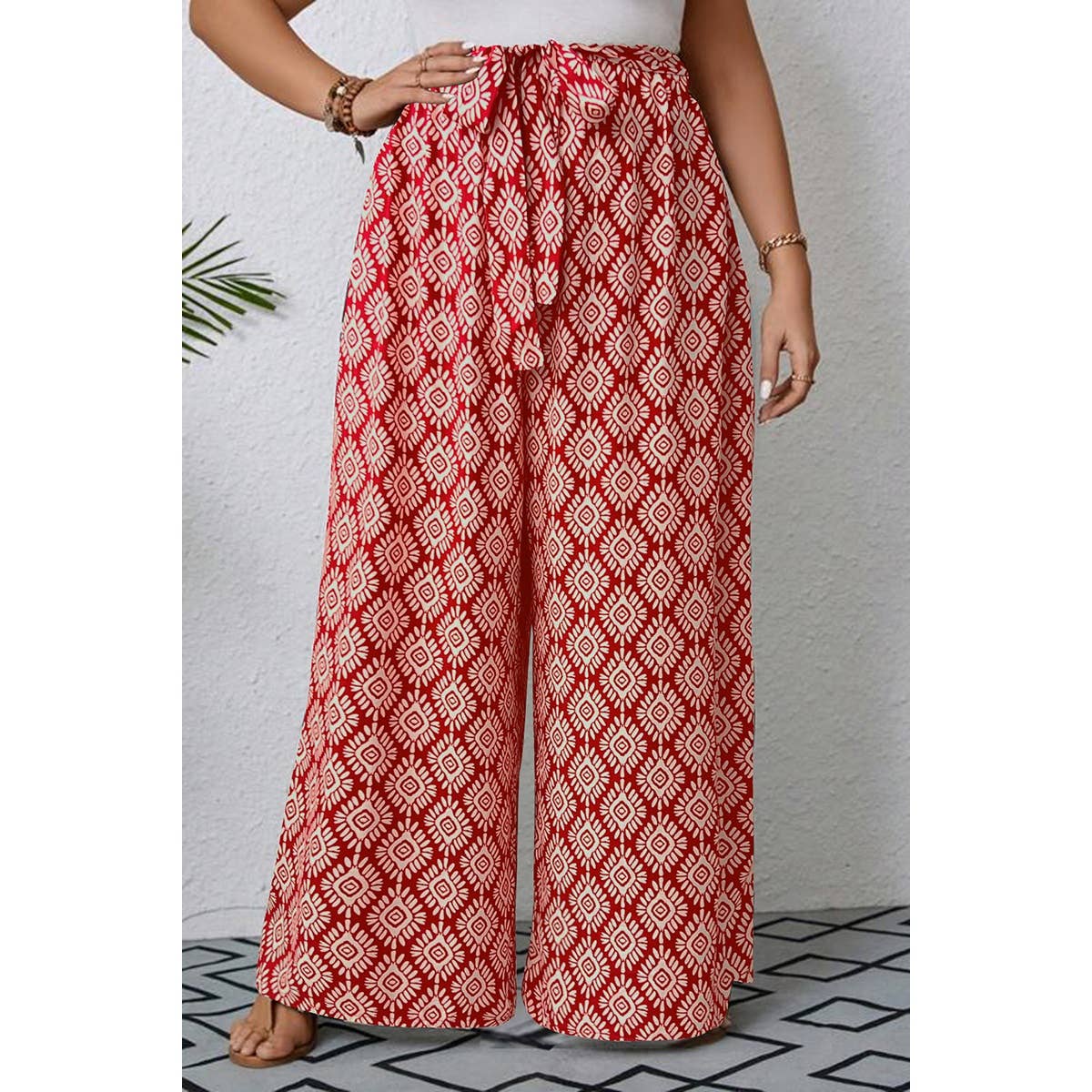 Plus Printed Elastic Waist Knot Belt Wide Leg Pant: RED