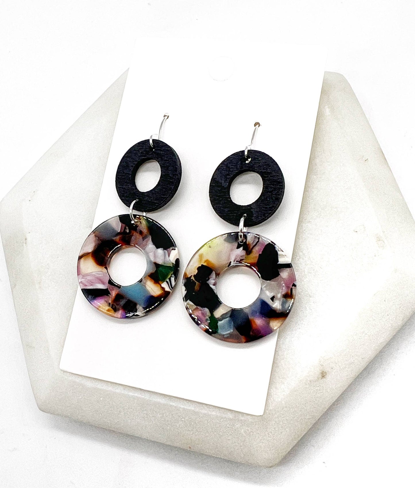 Dark Multi-Color Black Double Duo Wood Acrylic Earrings