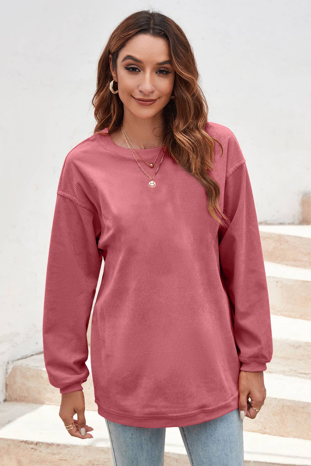 Ribbed Corded Oversized Sweatshirt: Apricot