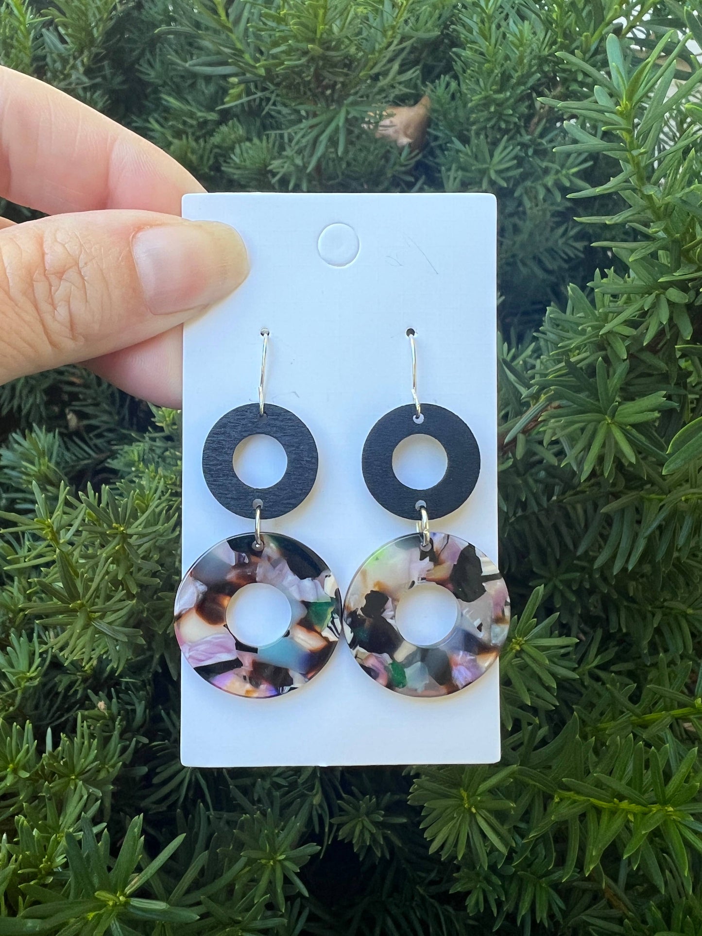 Dark Multi-Color Black Double Duo Wood Acrylic Earrings