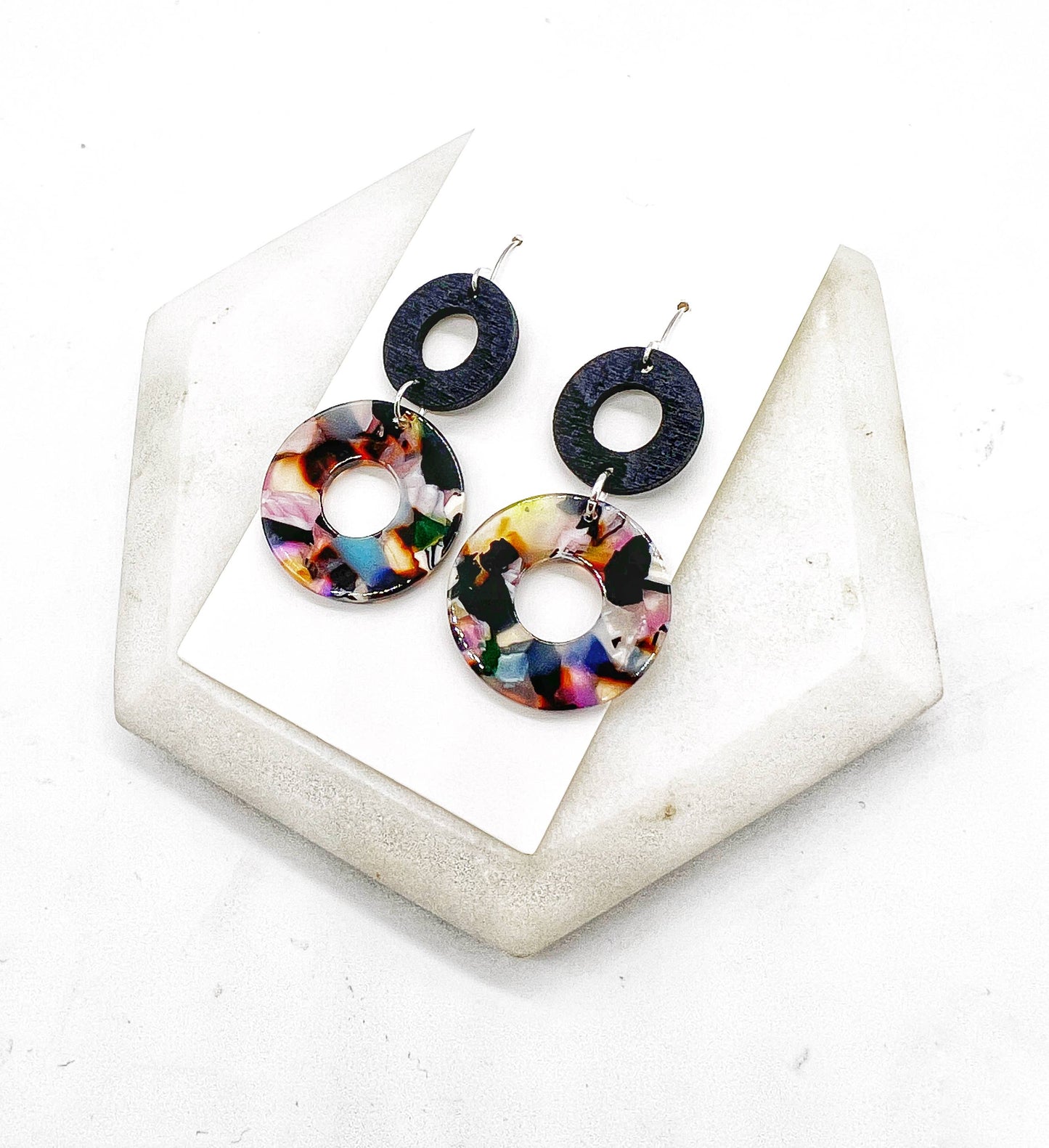 Dark Multi-Color Black Double Duo Wood Acrylic Earrings