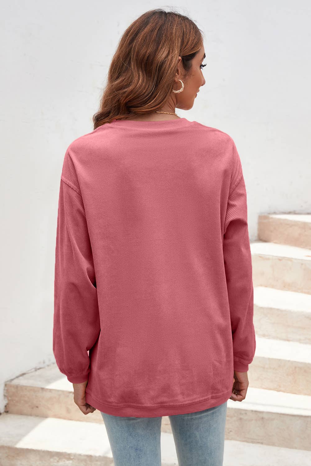 Ribbed Corded Oversized Sweatshirt: Apricot