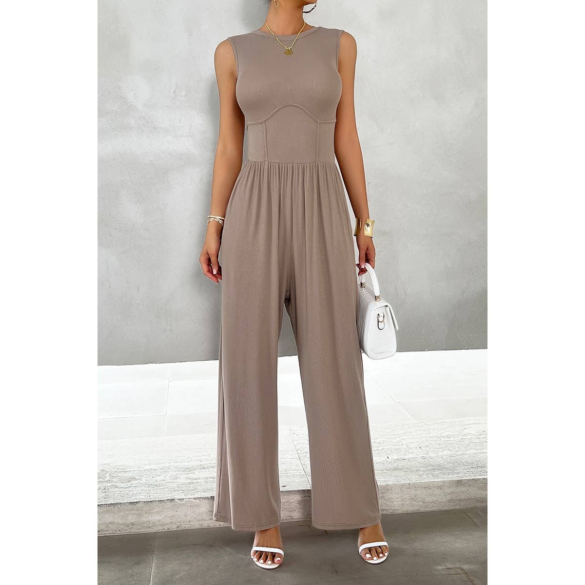 Round Neck Solid Sleeveless Fit Ruched Jumpsuit: BROWN
