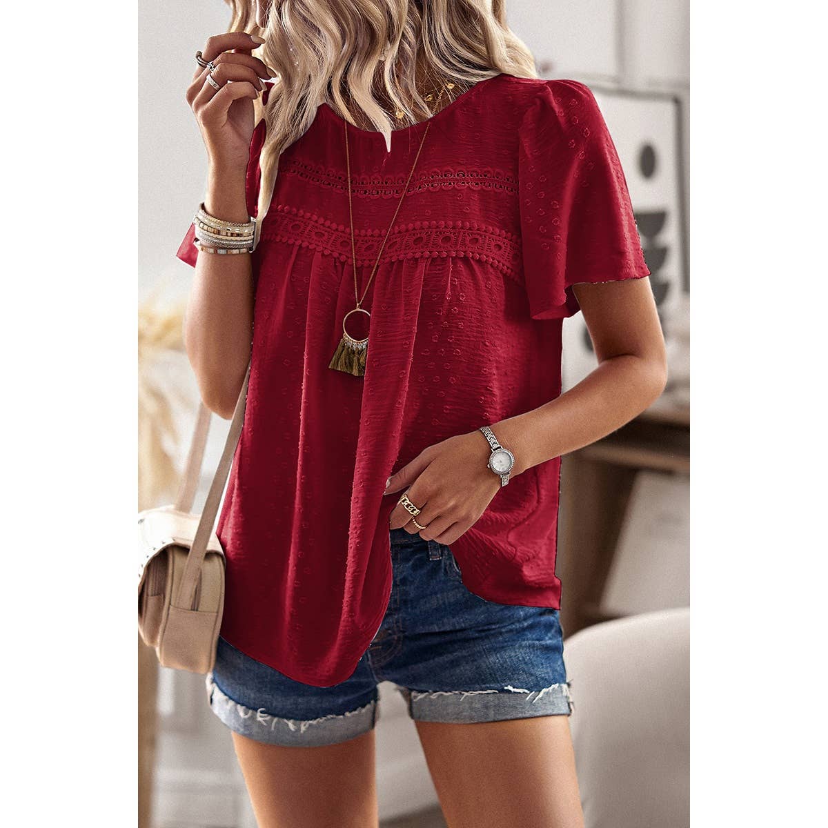 Plus Dot Cut Out Lace Trim Loose Fit Top: RED