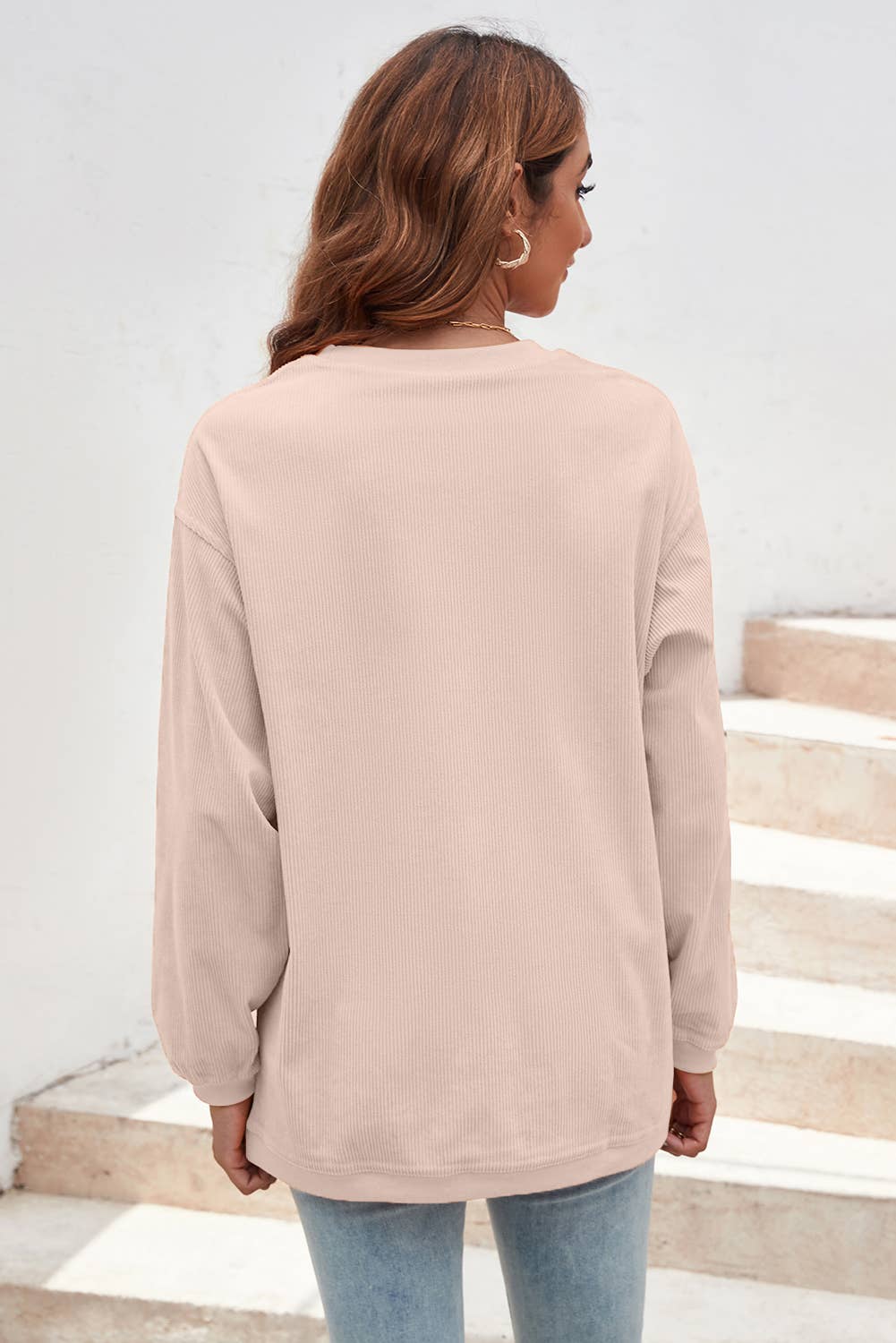 Ribbed Corded Oversized Sweatshirt: Apricot