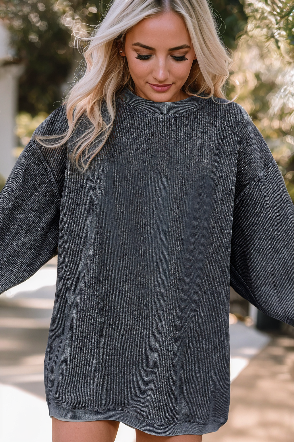 Ribbed Corded Oversized Sweatshirt: Apricot