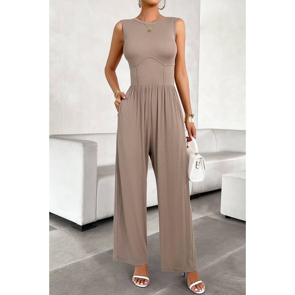 Round Neck Solid Sleeveless Fit Ruched Jumpsuit: BROWN