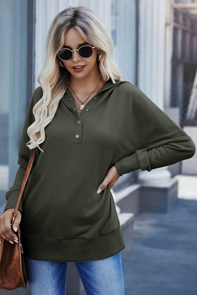 Button V-Neck Pocket Hoodie- BLACK