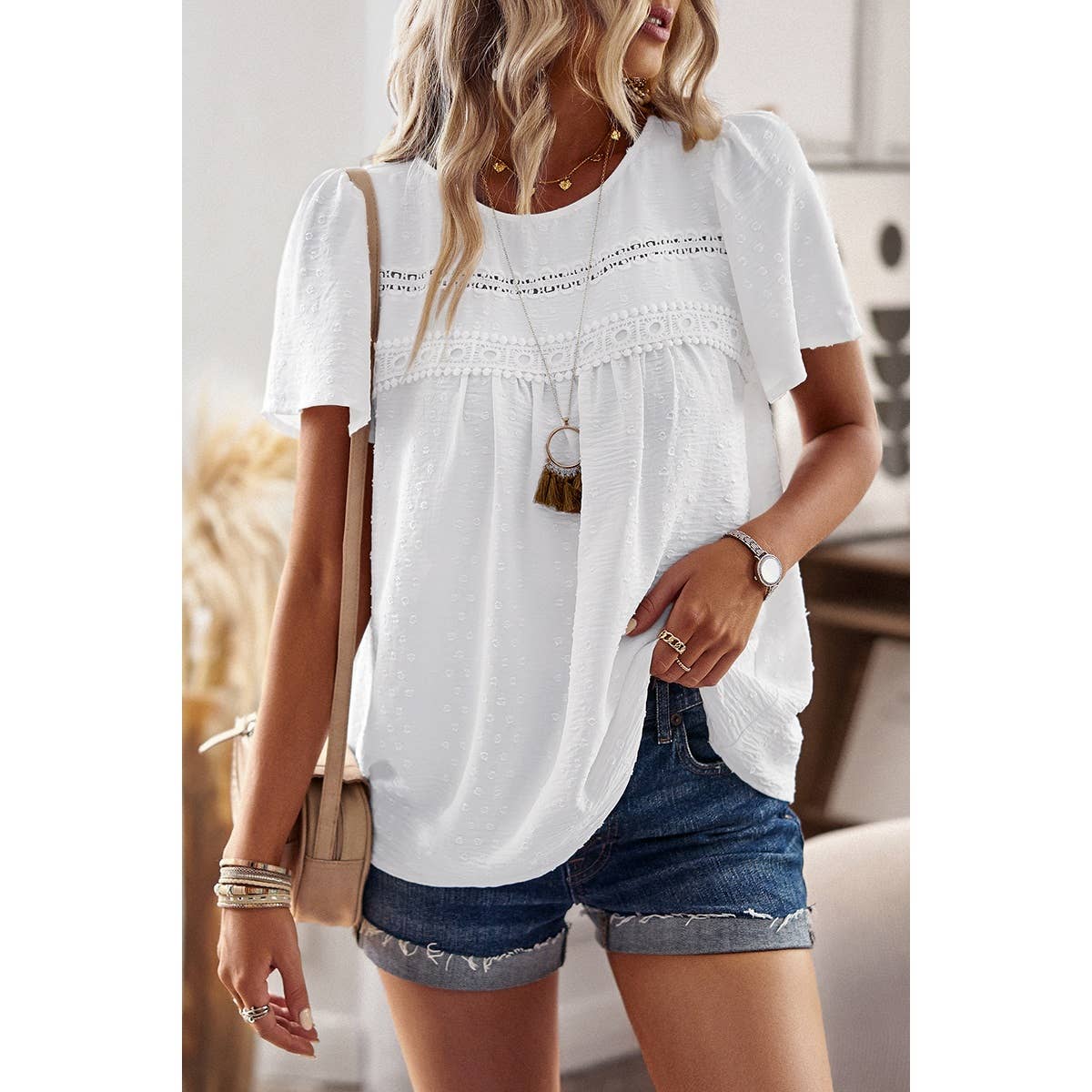 Plus Dot Cut Out Lace Trim Loose Fit Top: RED