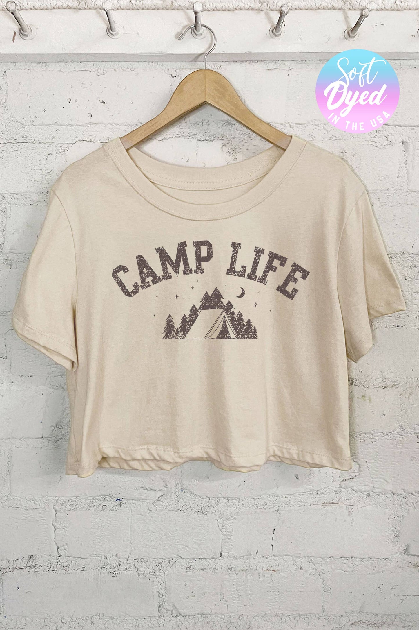 CAMP LIFE GRAPHIC SHORT CROP TOP: STONE
