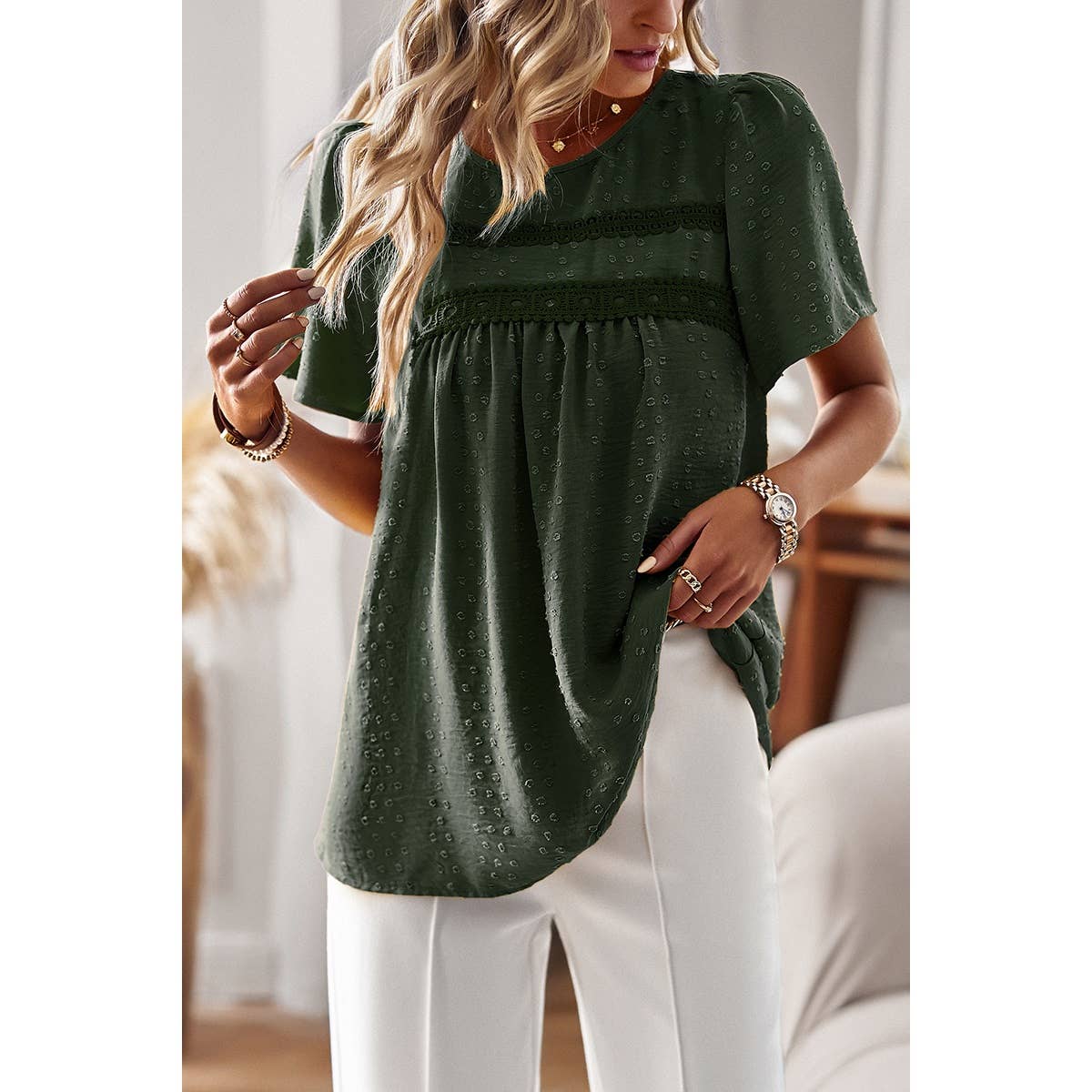 Plus Dot Cut Out Lace Trim Loose Fit Top: RED