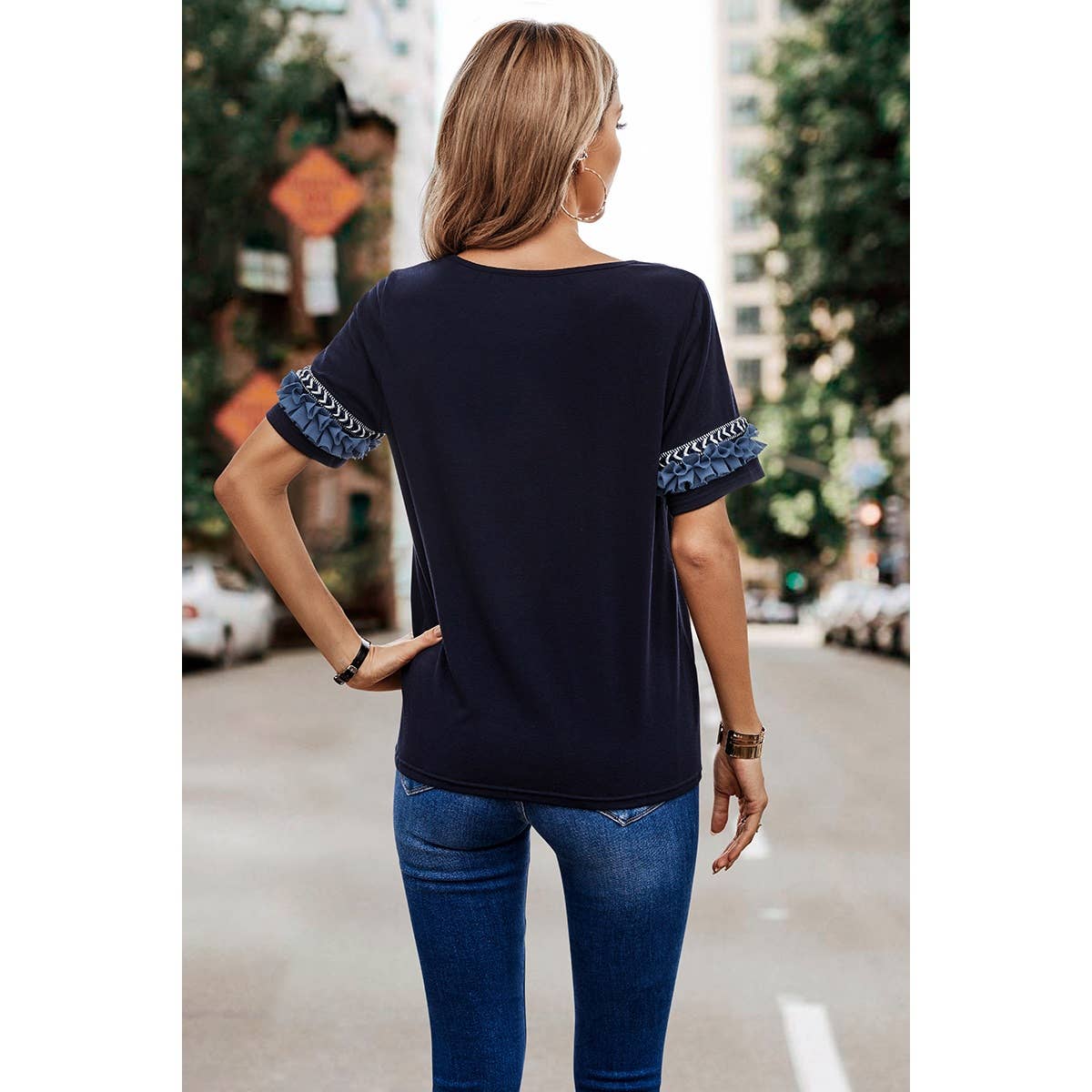 Solid Round Neck Loose Fit Frill Trim Tee: NAVY