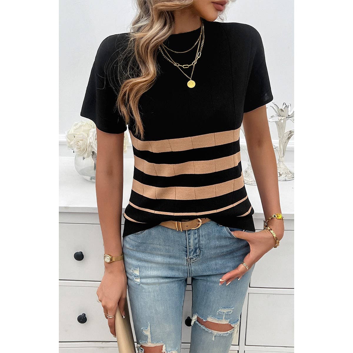 Round Neck Stripe Knit Fit Short Sleeve Top: BLACK