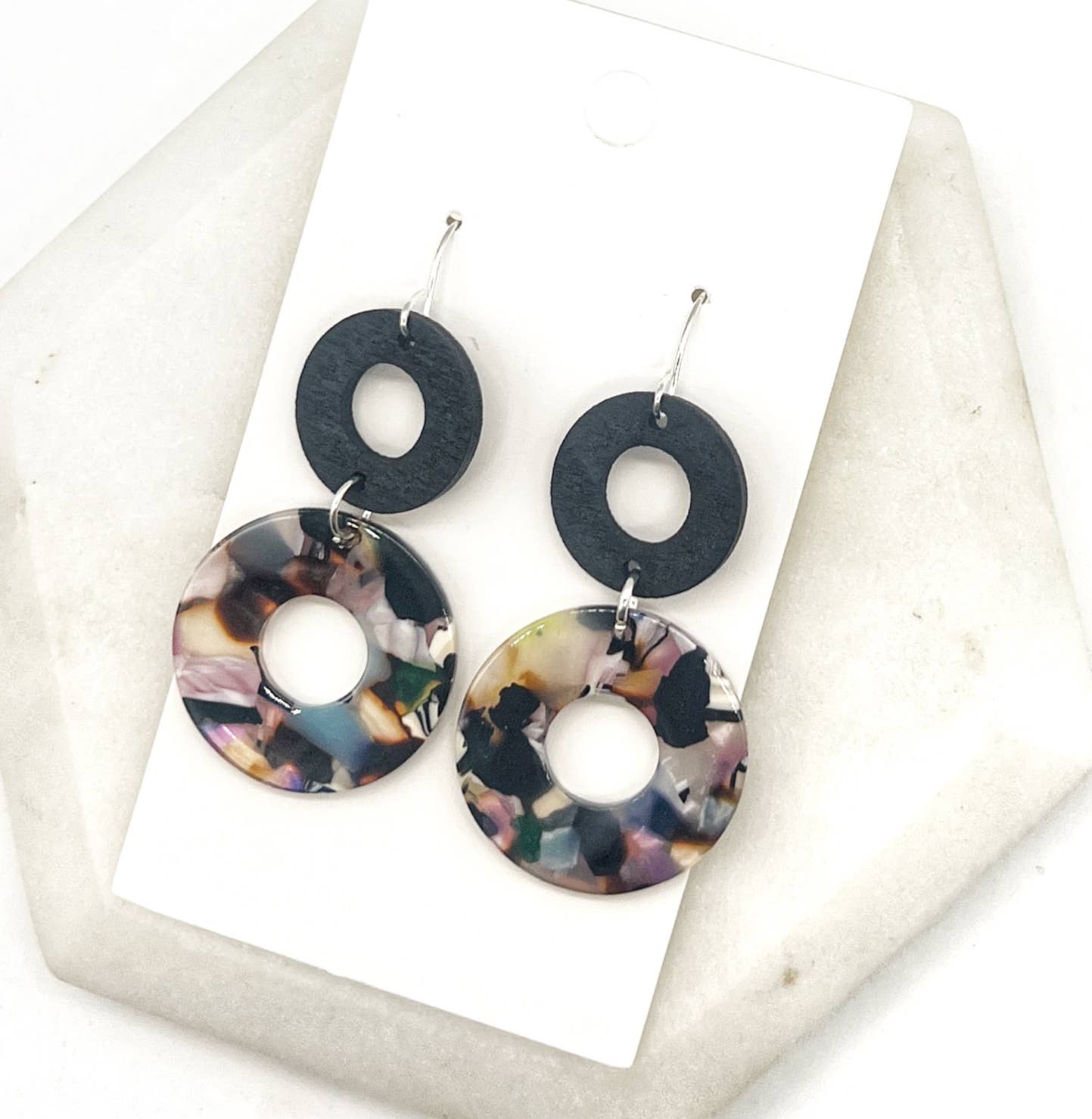 Dark Multi-Color Black Double Duo Wood Acrylic Earrings