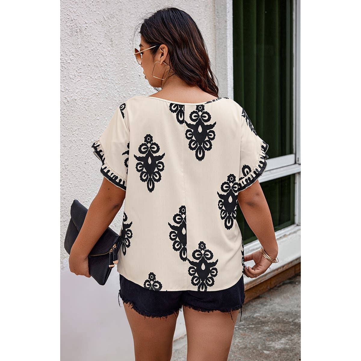 Plus Printed Ruffle Hem Wide Round Neck Blouse: BEIGE