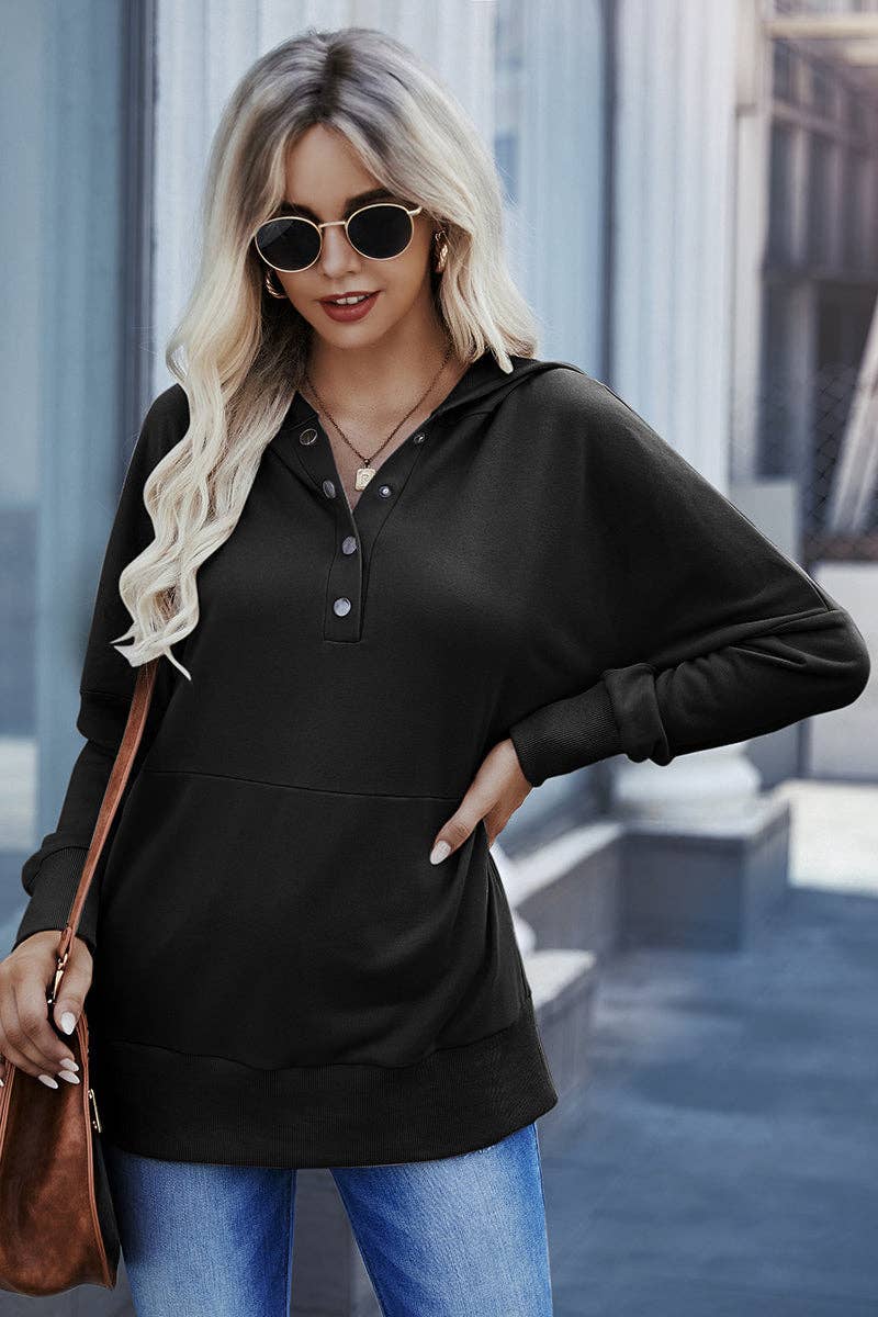 Button V-Neck Pocket Hoodie- BLACK