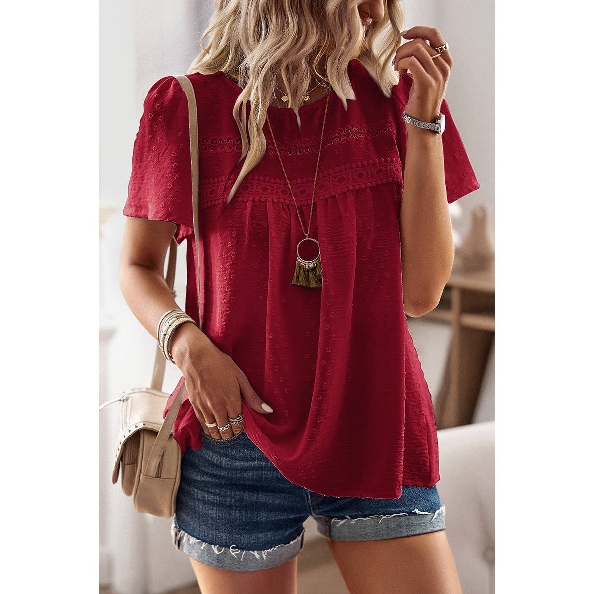 Plus Dot Cut Out Lace Trim Loose Fit Top: RED