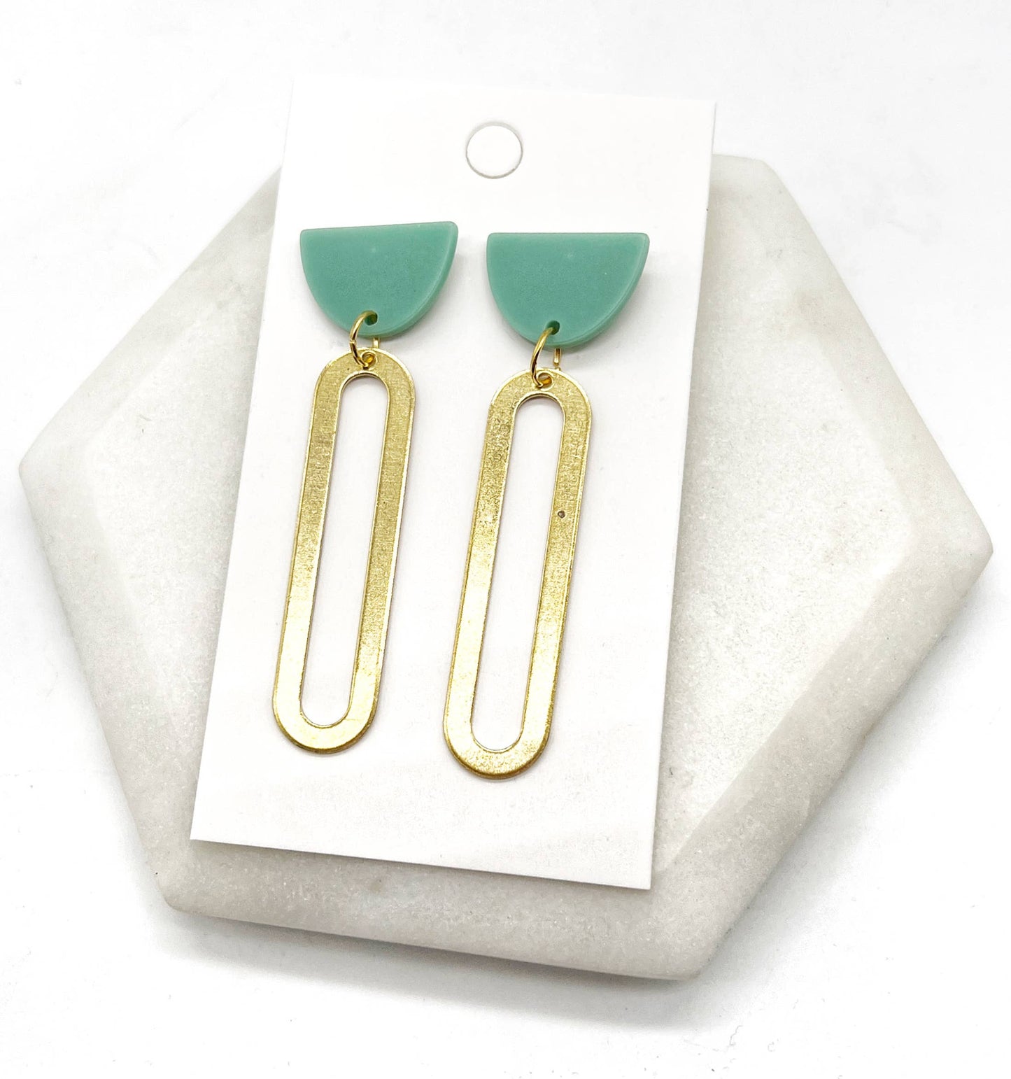 Green Sage Gold Oval Acrylic and Metal Statement Earrings