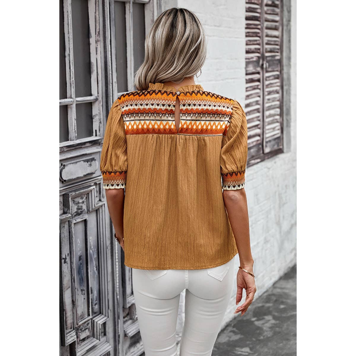Stripe Ruched Color Block Puff Sleeves Top