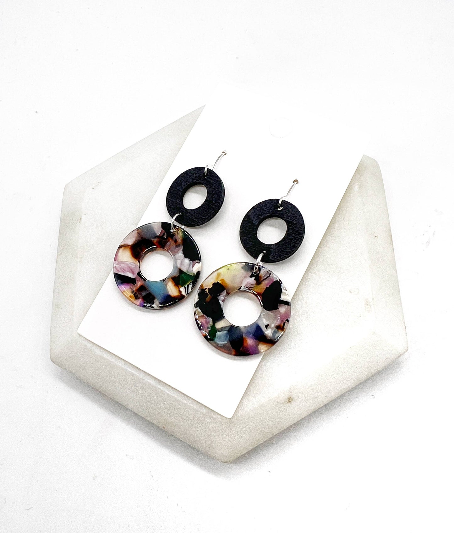 Dark Multi-Color Black Double Duo Wood Acrylic Earrings