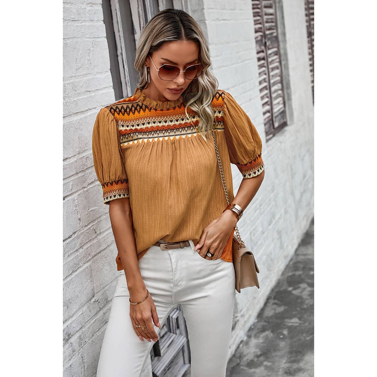 Stripe Ruched Color Block Puff Sleeves Top
