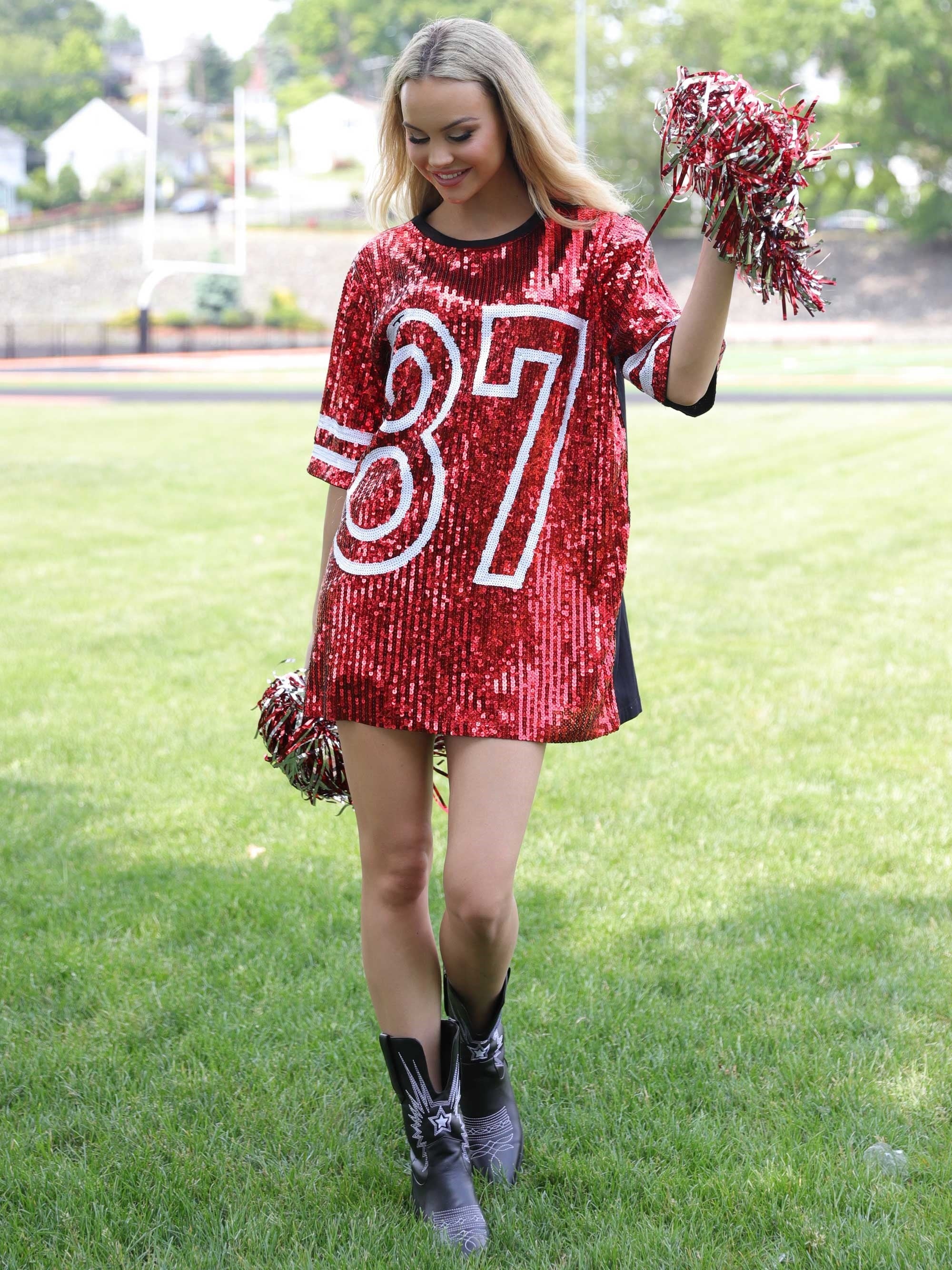 #15 Red Sequin Jersey TShirt Dress