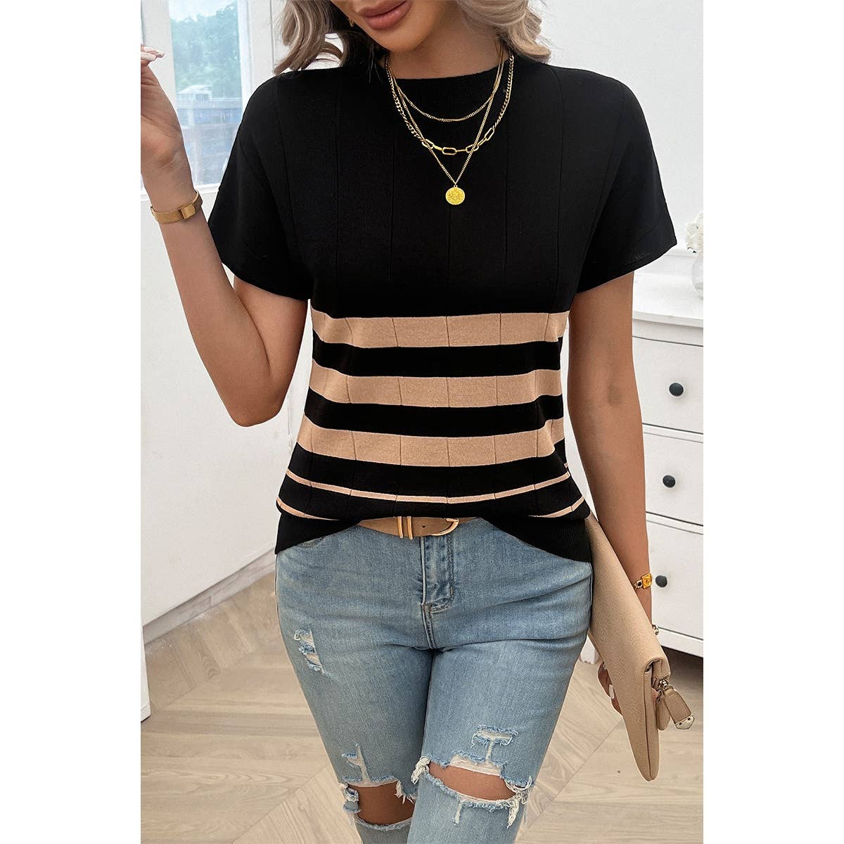 Round Neck Stripe Knit Fit Short Sleeve Top: BLACK