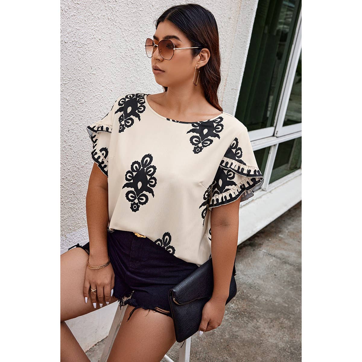 Plus Printed Ruffle Hem Wide Round Neck Blouse: BEIGE
