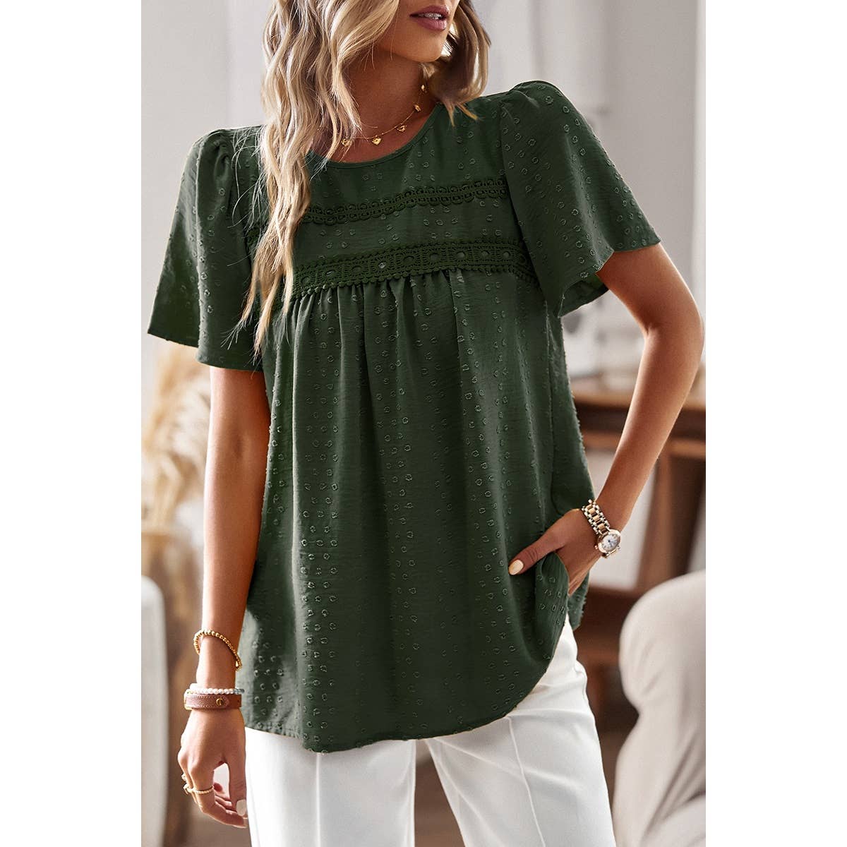 Plus Dot Cut Out Lace Trim Loose Fit Top: RED
