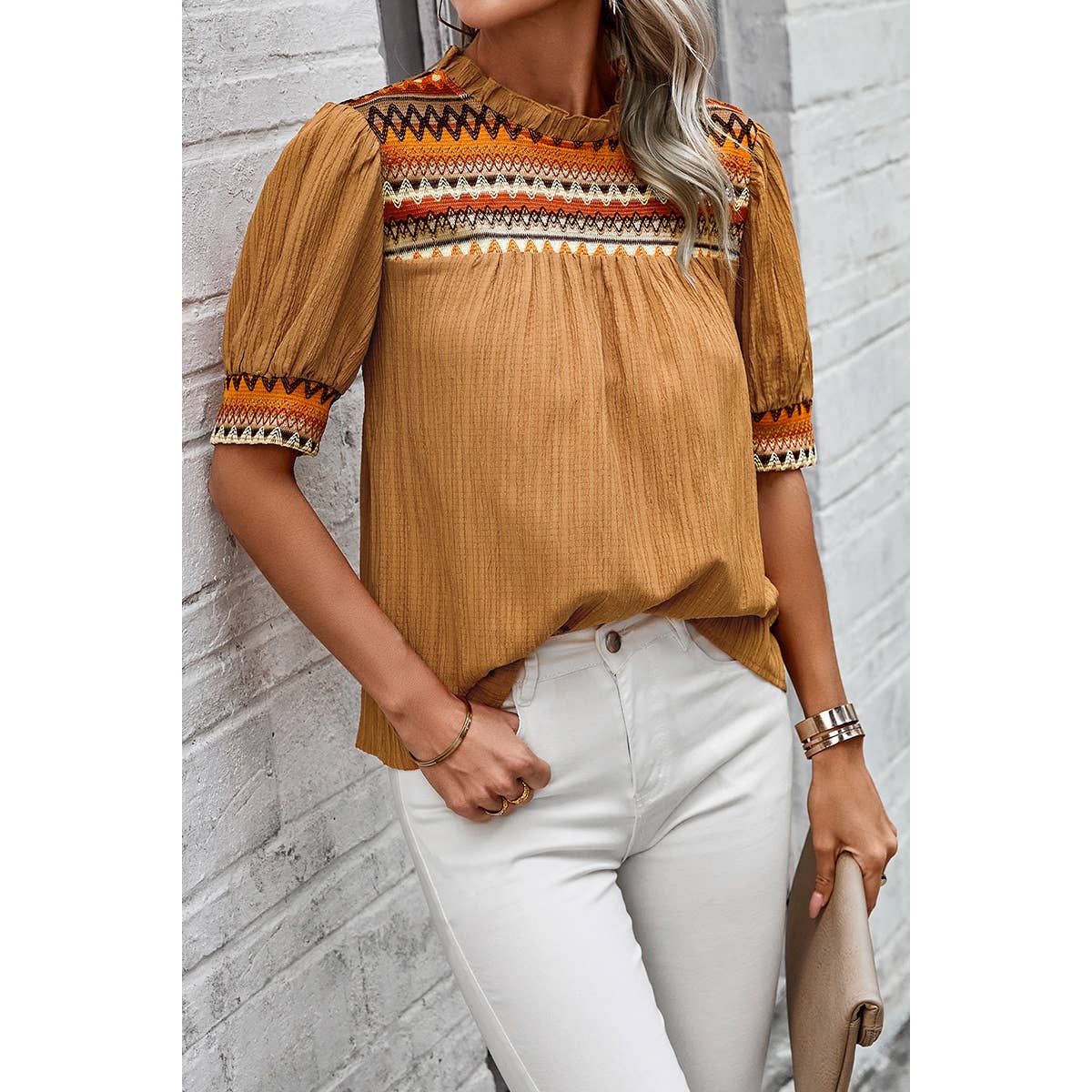 Stripe Ruched Color Block Puff Sleeves Top