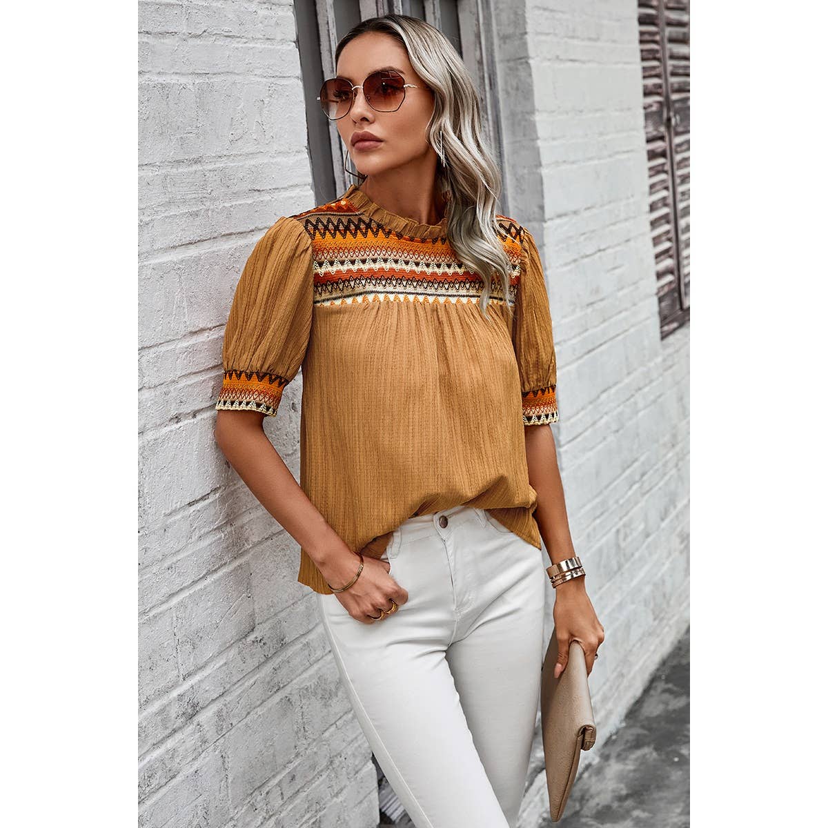 Stripe Ruched Color Block Puff Sleeves Top