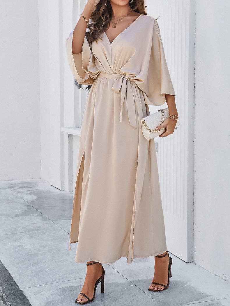 Deep V-Neck Short-Sleeved Pleated Maxi Dress: Champagne