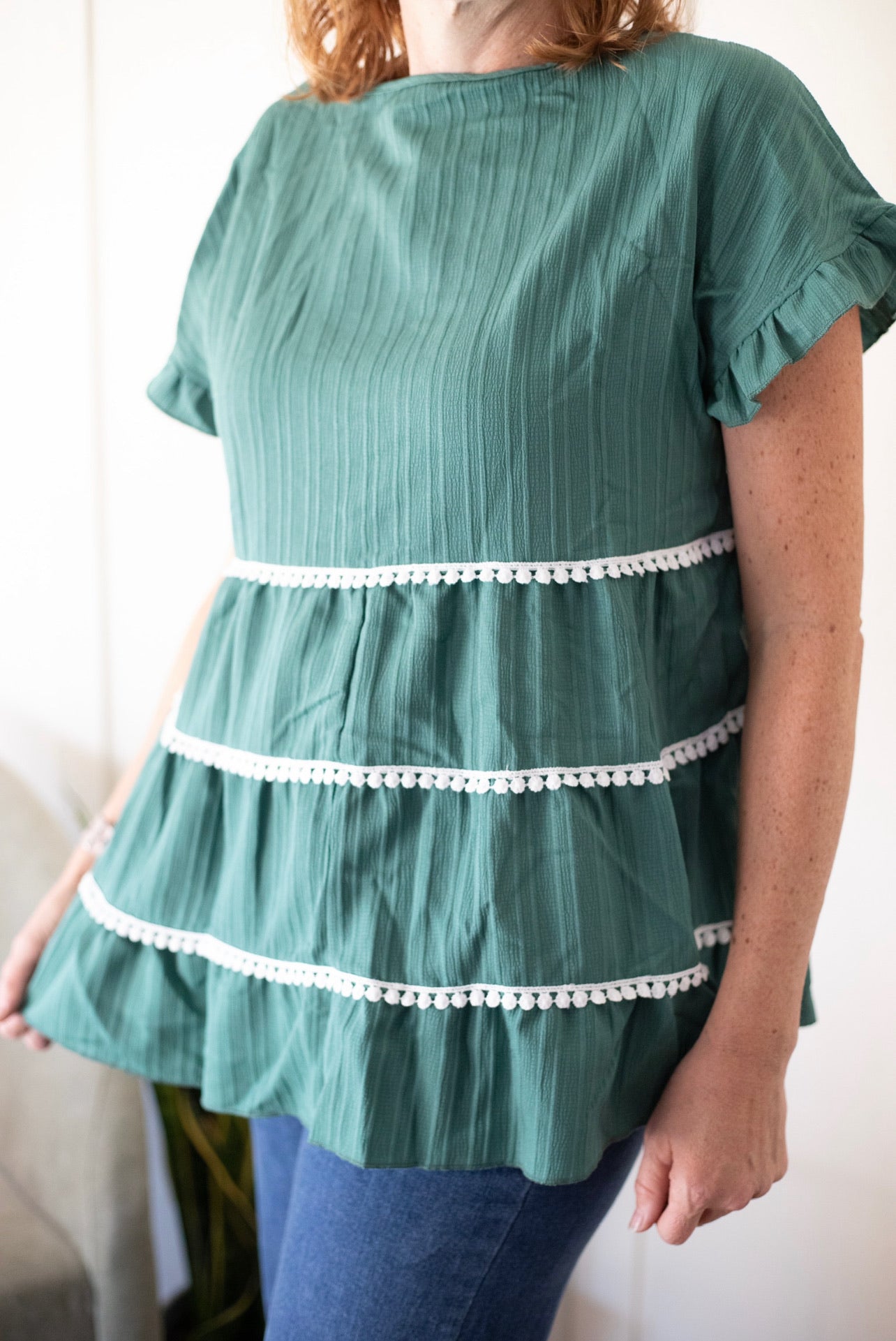 Solid Color Block Ruched Ruffle Loose Fit Top: GREEN