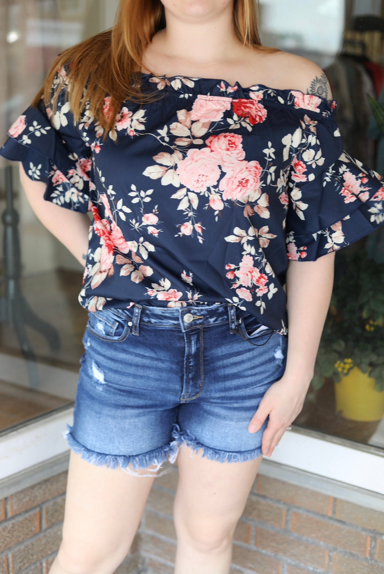 Ruffle Off Shoulder Flounce Sleeve Floral Blouse
