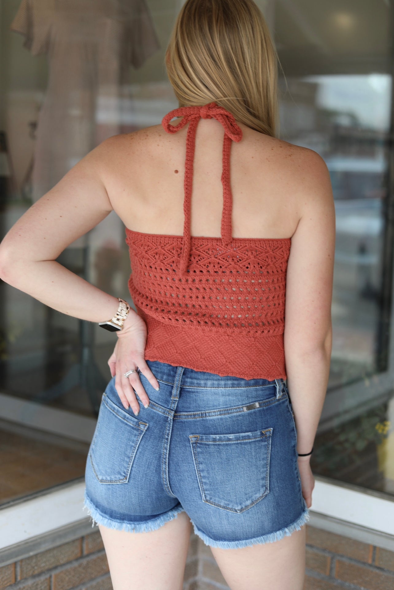 Red Clay Knit Crochet Halter Neck Backless Tank Top