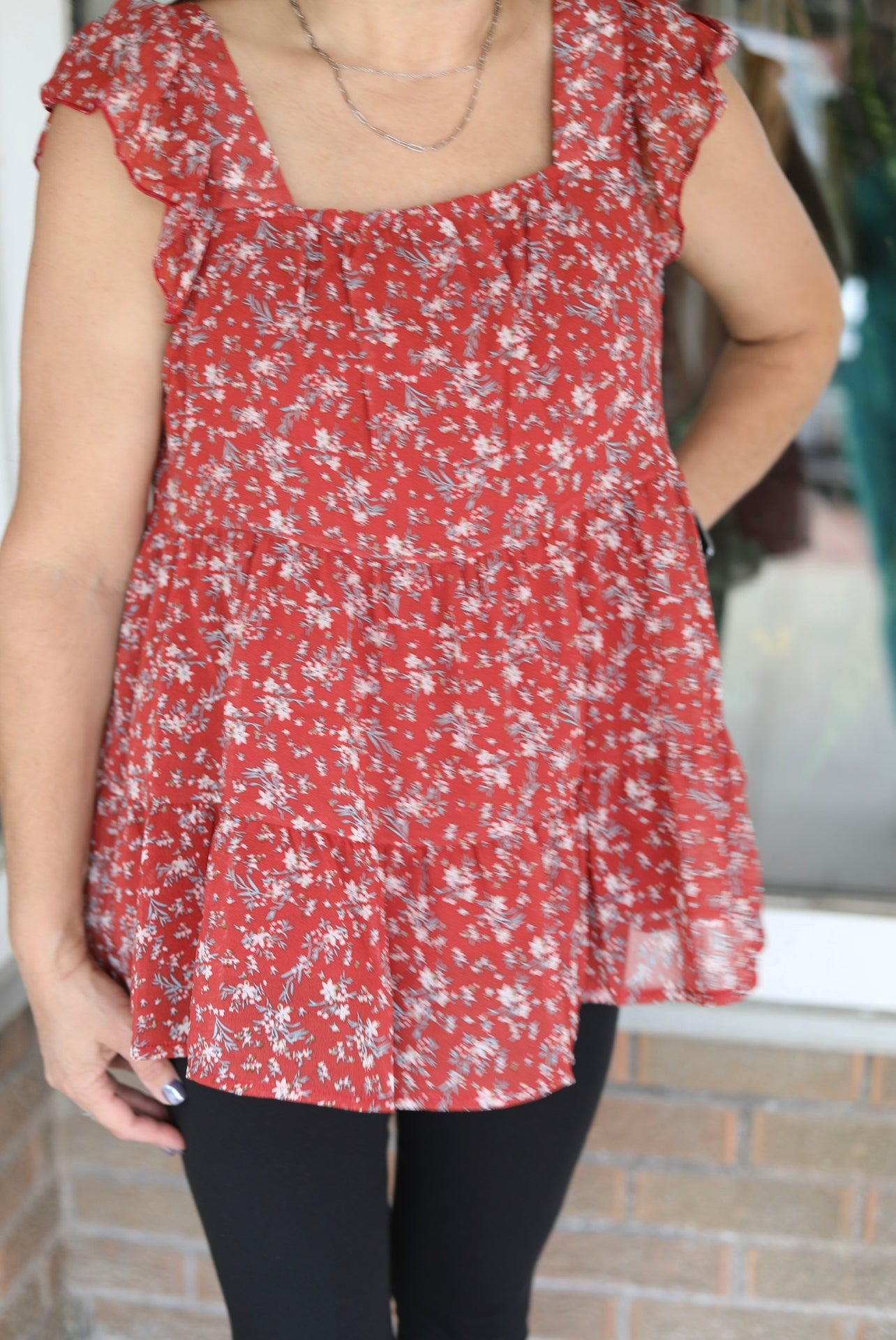 Puff Short-Sleeved Square Neck Ruffled Shirt Top: Red