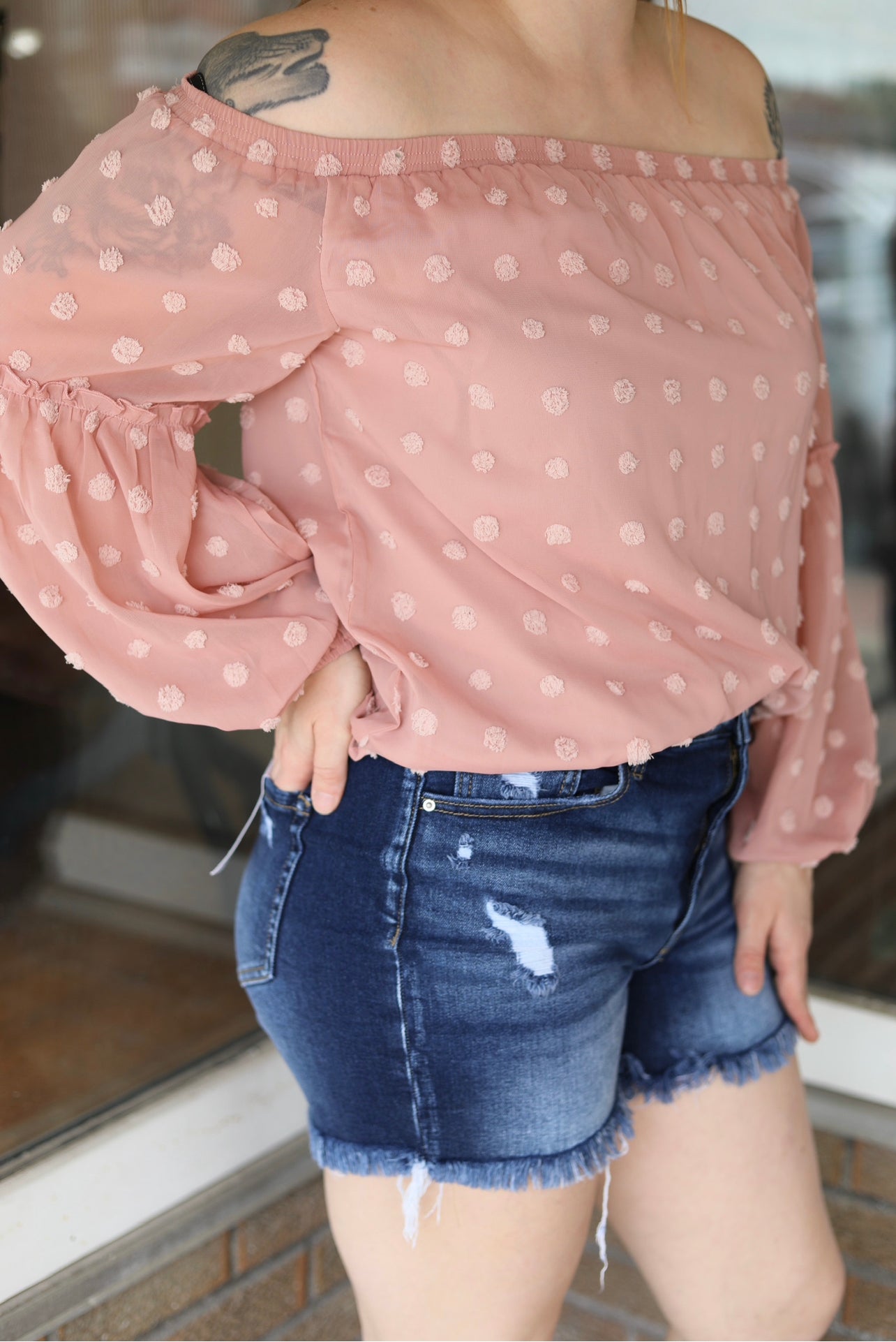 Blush Swiss Dot Off-Shoulder Top