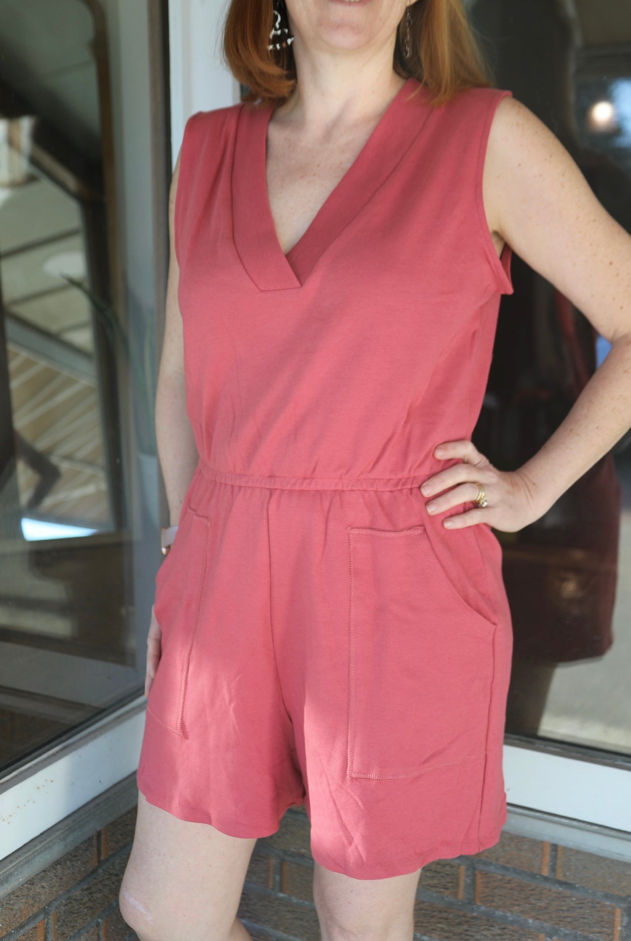 COTTON SLEEVELESS ROMPER WITH POCKETS-ROSE