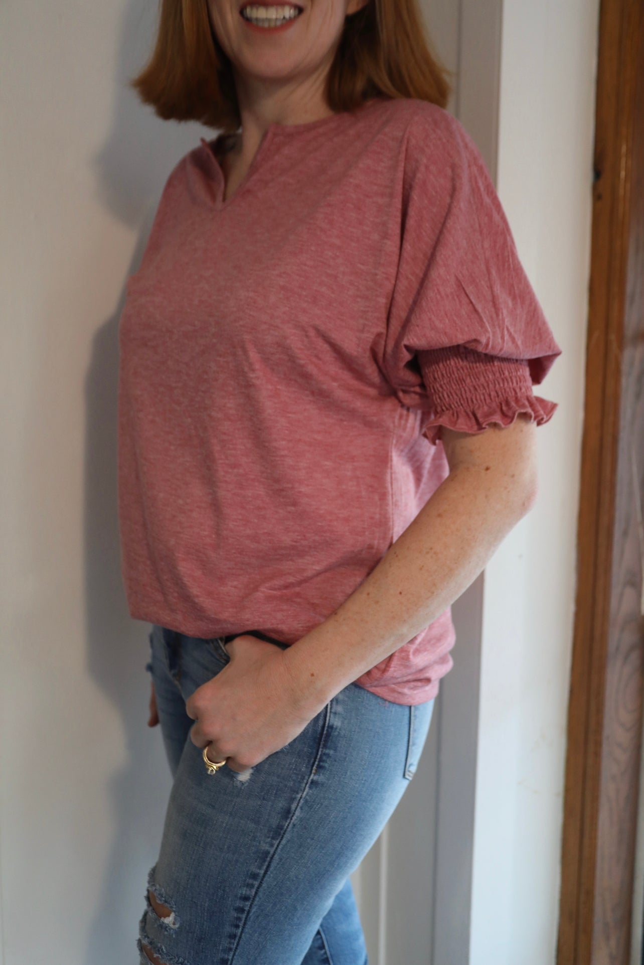 Rose Tan Plain V Neck Smocked Ruffle Sleeve T Shirt: Pink