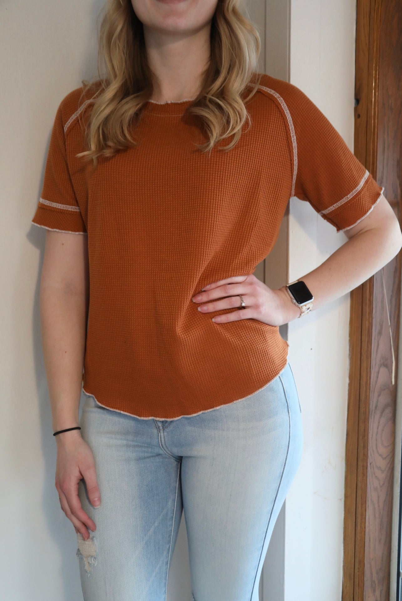 Chestnut Textured Contrast Seam Detail Frilly Cuffed T-shirt