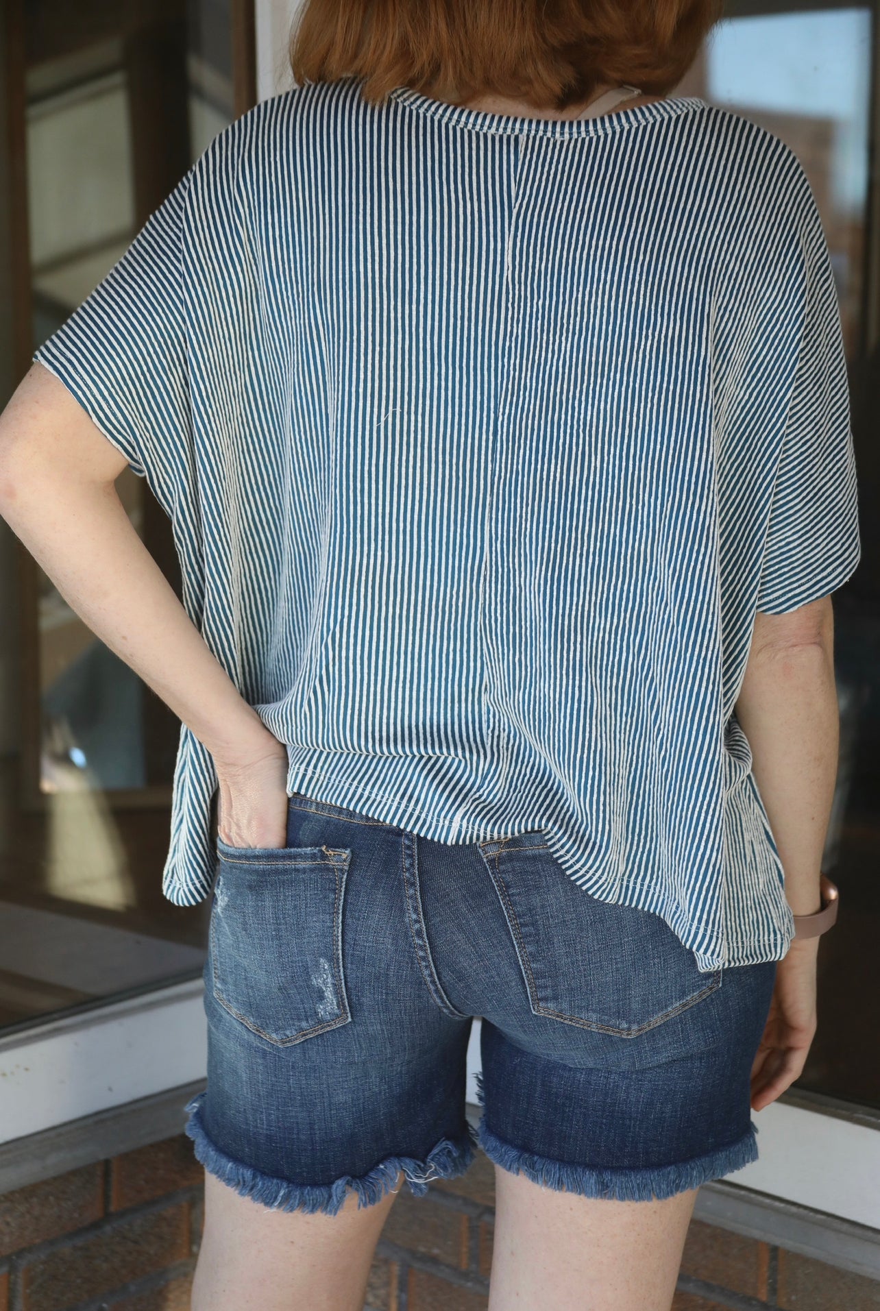 RIBBED STRIPED OVERSIZED SHORT SLEEVE TOP-TEAL