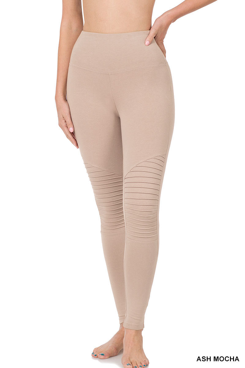 COTTON FULL LENGTH WIDE WAISTBAND MOTO LEGGINGS-Ash Mocha