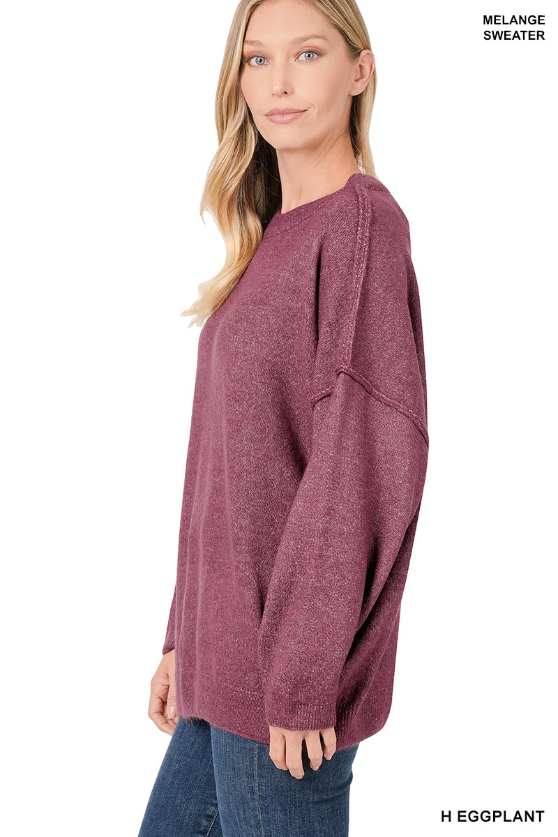 Oversized Round Neck Raw Seam Melange Sweater — Heather Eggplant