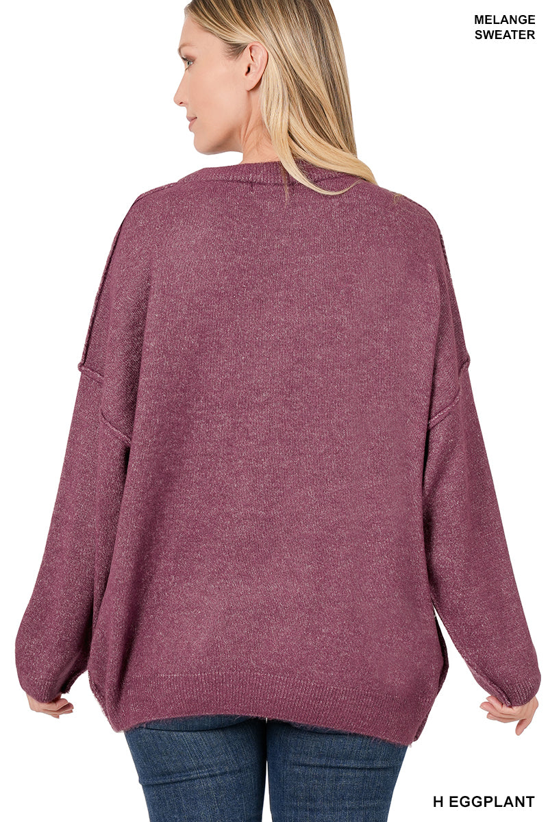 Oversized Round Neck Raw Seam Melange Sweater — Heather Eggplant