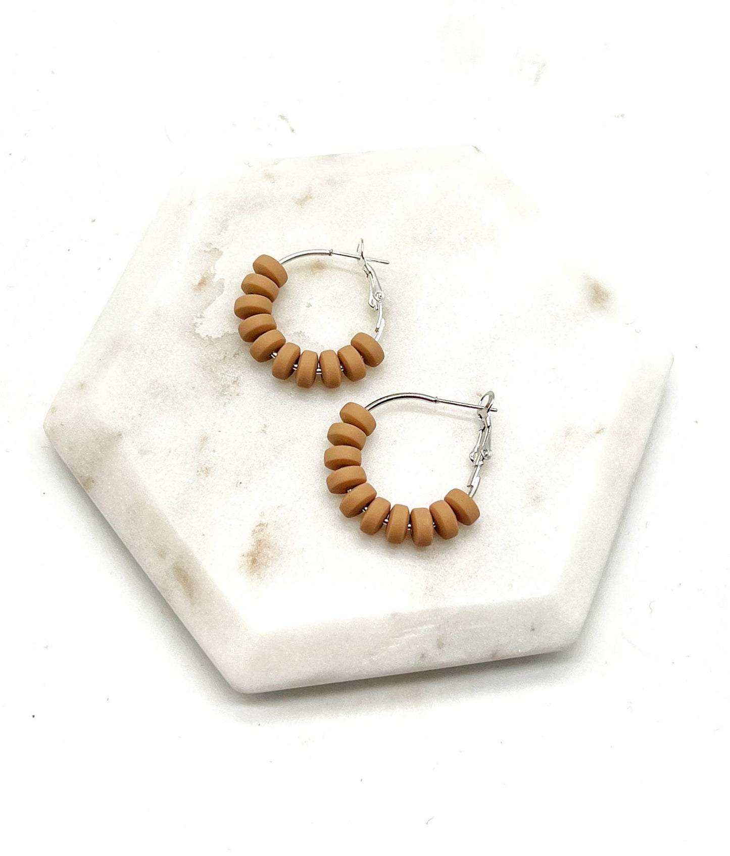 Brown Tan Clay Beaded Statement Hoop Earrings